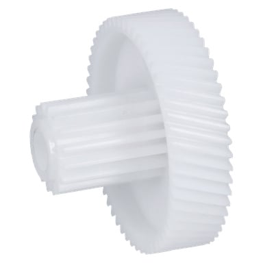 Plastic Gear Meat Grinder har ett vitt kugghjul med raka tänder och en central cylindrisk axel.