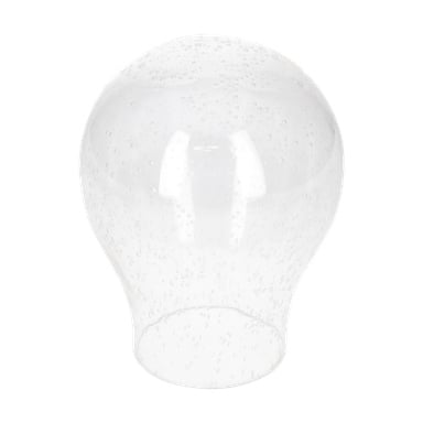Przezroczysta, zaokrąglona szklana lampa ścienna z bąbelkami powietrza i otwartą podstawą pozwala światłu przenikać przez gładką, przezroczystą powierzchnię.