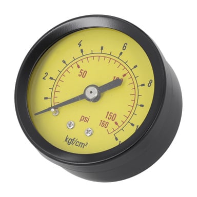 Tryckmätare för reduceringsventil, gul urtavla, svart fodral, nål på 115 psi; Mäter psi och kgf/cm² i svart och rött.