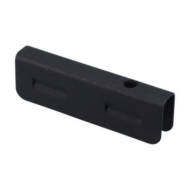 Svart, rektangulär metall Post Clamp Workbench 65 mm med en U-formad öppning i ena änden och ett hål på toppen.