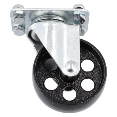 Denna Swivel Wheel Workshop Crane har en metallgjut, ett svart massivt hjul med fem hål och ett silverfärgat fäste med fyra bultar.