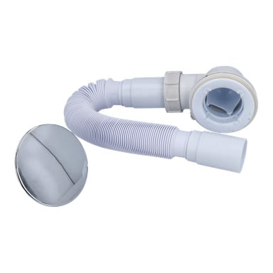 En duschkabins bottenventil med en vit flexibel avloppsslang, ett silverfärgat runt lock och en vit avloppskoppling som visar plastdelar.
