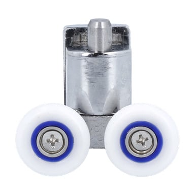 Ett metallfäste håller två vita plasthjul, vardera med en blå ring vid mittskruven, designade för skjutdörrsbeslag.