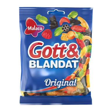 En blå Malaco Gott & Blandat Original-påse visar färgstarka illustrationer av gelé- och lakritsgodis på förpackningen.