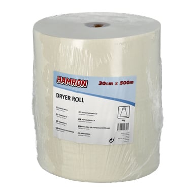 En stor vit rulle av Hamron-papper, 30 cm gånger 500 m, inslagen i plastförpackning med en tryckt etikett som visade produktdetaljer.