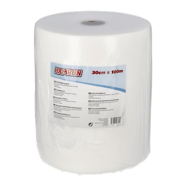 Merkittävä Hamron Polishing Sleeve -rulla, valkoinen ja kooltaan 30 cm x 100 metriä, on kääritty läpinäkyvään muoviin, ja siinä on sinivalkoinen etiketti, jossa on tuotteen yksityiskohdat.