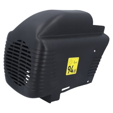 Svart plastmotorkompressorlock med ventiler, gul 94 dB-etikett och en slät formad design, avsedd för maskinanvändning.