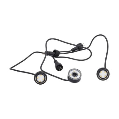 Fontanna LED zawiera trzy okrągłe moduły światła LED, kabel oraz dwie wtyczki elektryczne.