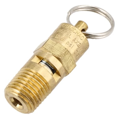 Messinkinen 1/4" turvaventtiili räjäytyssäiliölle, jossa on kierteinen pää, kaiverretut merkinnät ja pieni metallirengas päällä.