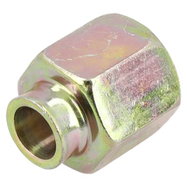 En närbild av ett sexkantigt metallfäste för ett munstycke med en blank, sliten yta och en rund öppning i ena änden.