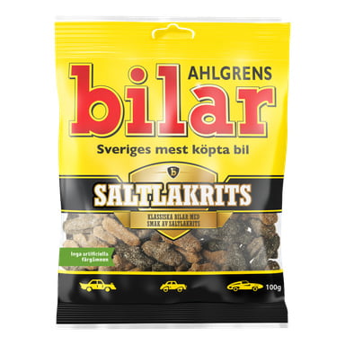 En 100 g gul och svart Cloetta Ahlgrens Bilar saltlakritspåse visar bilformade lakritsbitar. Förpackningen framhäver att det är den mest köpta bilen i Sverige och anger att det inte finns några konstgjorda färger.