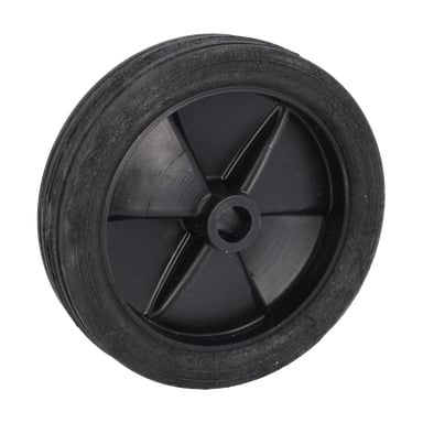 Rubber Wheels Multi Construction Rack har ett svart plasthjul med solid gummiyta, fem ekrar och ett mitthål.