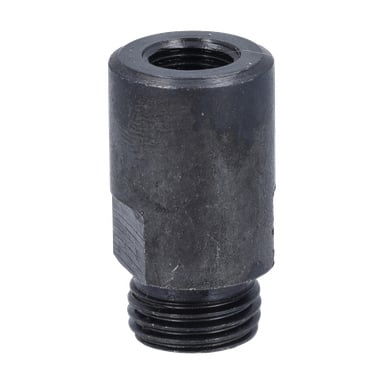 Cylindryczny adapter do nitownicy z sześciokątnym środkiem, z wewnętrznym gwintem na górze i zewnętrznym gwintem poniżej.