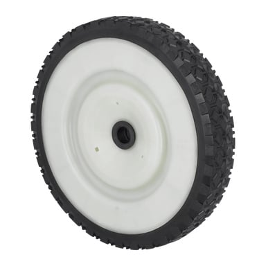 Närbild på ett lövsamlarhjul med svart gummidäck, vitt plastnav, strukturerat mönster och centralt monteringshål.