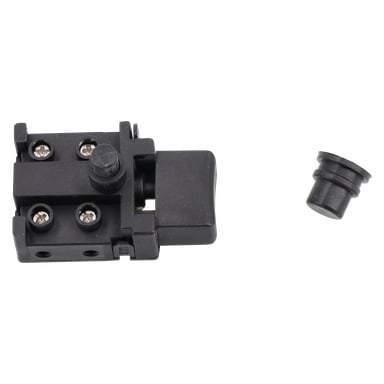Zbliżenie czarnego mechanizmu zatrzasku wibratora betonowego Switch z czterema śrubami, obok osobnego, okrągłego czarnego elementu.