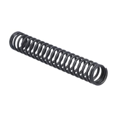 En tätt upprullad svart cylindrisk metallfjäder för säkerhetslås, synlig i en lätt vinkel.