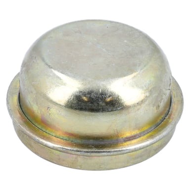 En cirkulär metallsmörjare för hjulnavet med kupolformat topp och platt bas, med en dämpad glans och viss mindre missfärgning.