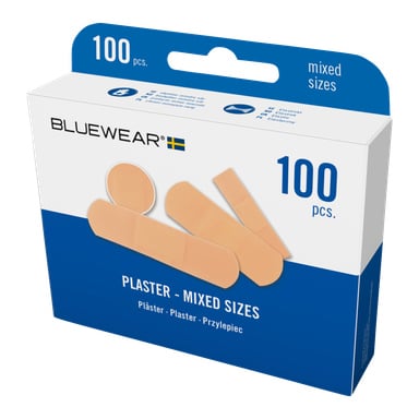 Białe i niebieskie pudełko plastrów Bluewear zawierające 100 bandaży o różnych rozmiarach, z ilustracjami różnych kształtów i rozmiarów bandaży na froncie.