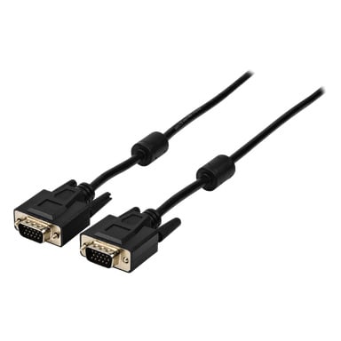 Zwei schwarze Nedis VGA-Kabel sind nebeneinander gezeigt, jeweils mit vergoldeten Steckverbindern und einer zylindrischen Ferritkugel, die nahe am Stecker positioniert ist, um die Videosignalqualität zu verbessern.