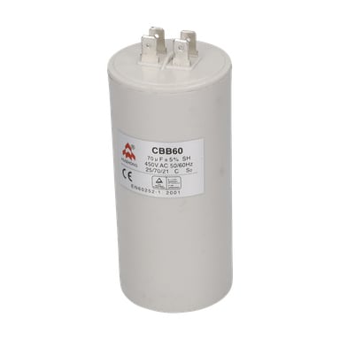 Vit cylindrisk kondensator med två metallterminaler ovanpå, märkt 70μF ±5%, 450V AC, 50/60Hz, modell CBB60.