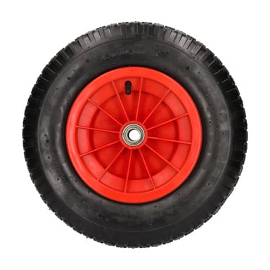Wheel Launching Trolley har ett svart gummihjul med mönster, rött plastnav och synligt centralt lager, sett uppifrån.