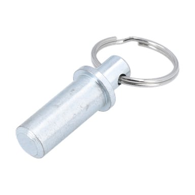 En silverfärgad cylindrisk stålstift med platt ände, rund fläns och en metallnyckelring fäst.