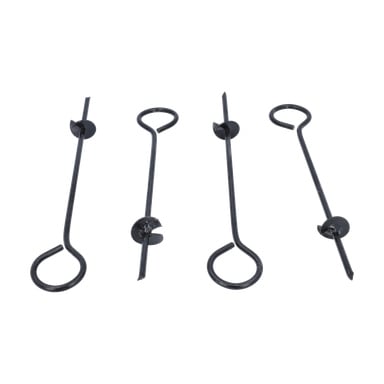 Ground Bracket Luxury Pavilion 4-pack har fyra svartmetallankare med cirkulära öglor och spiralblad arrangerade i rad.