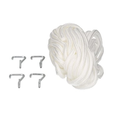Hook and String 4-pack har ett ringlat vitt rep tillsammans med fyra metallkrokar som är placerade sida vid sida.