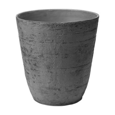 En stor, grå, texturerad cylindrisk blomkruka från Hard Head med en något avsmalnande botten, gjord av betong eller sten.