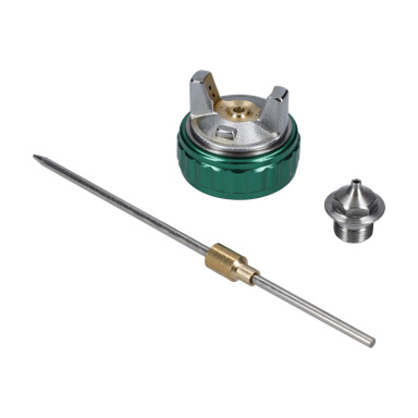 Paint Nozz Set 1,7 mm L136,5 mm har ett grön-silverfärgat munstycke, lång nål med mässing och en liten gängad metallspets.