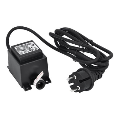 En svart Trafo LED-strömadapter med en trepolig kontakt, lång sladd, märkta specifikationer och en sidokontakt.