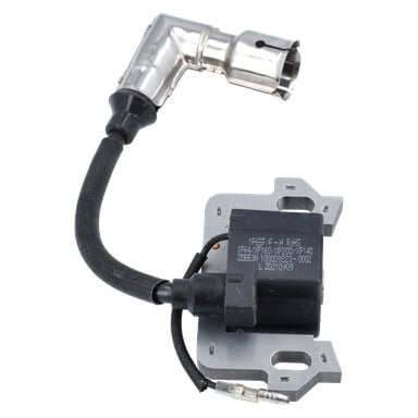 Et nærbilde av Ignition Coil Lawn Mower viser dens svarte og metalliske deler, inkludert tennpluggledningen og monteringsbraketten.