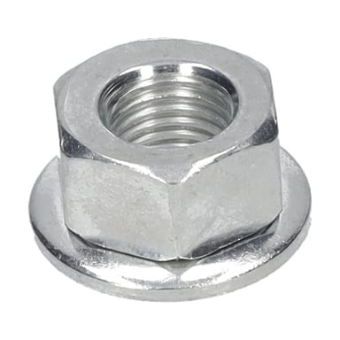 Nærbilde av et låsemutter-klaringsblad med metallisk sekskantflens og sentralt gjengehull.