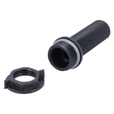 Svart plastduschfäste i taket med grå O-ring och separat matchande sexkantig sadel.