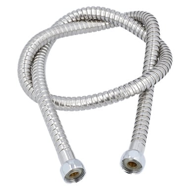 En flexibel metallslang, lindad i en lös ögla, med gängade kopplingar i båda ändar, tillverkad av rostfritt stål eller liknande.