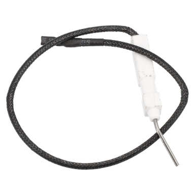 En tändstiftsvärmare med en svart flätad kabel, en vit keramisk ände och en böjd metallprob lindad i en lös cirkel.