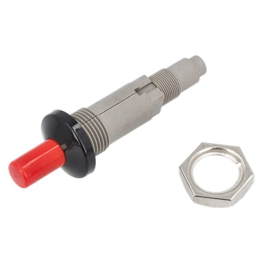Piezotändare gasvärmare med metallknapp, röd lock, svart krage, gängad kropp och separat metall-sexkant.