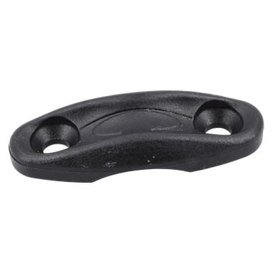 Svart, oval fäste med två försänkta hål och en slät böjd yta, tillverkad av plast eller metall för att montera handtag.