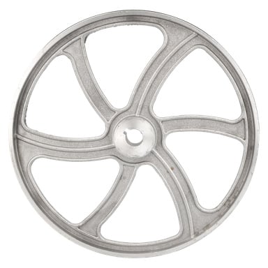 En vy uppifrån av Lower Band Wheel Band Band Saw visar dess silverfärgade metallram med fem böjda ekrar och ett centralt cirkulärt nav.