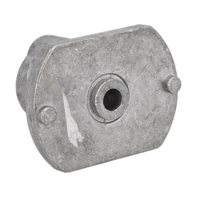 Knivbrakett gressklipper metalldel med åttekantet flate, sentralt rundt hull, to frontsylindere og en grov metalloverflate.