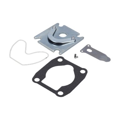 Valve Package Compressor -sarjassa on metallikiinnike, musta tiiviste, ohut levy, pieni ruuvi ja valkoinen kumitiiviste.