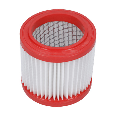Ett cylindriskt HEPA-filter med röda plaständar, vitt plisserat material och ett metallnät.