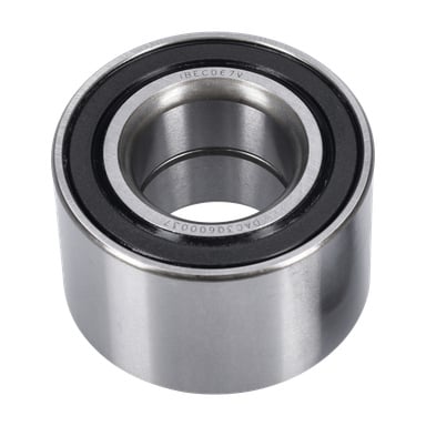 Närbild av kullager som visar blank cylindrisk metall med tydliga inre och yttre ringar samt en svart försegling på insidan.