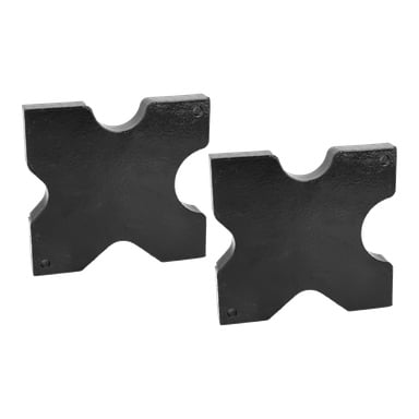 Två identiska verkstadspressplattor i en 2-pack, var och en med svart metallfinish, X-format mönster och rundade inbuktningar längs de övre kanterna.