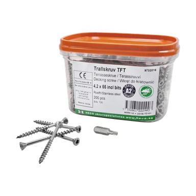 En Heco-merket plastboks inneholder 200 rustfrie stålskruer, hver 4,2 x 55 mm, samt en T20-bit. Foran beholderen er fem skruer og biten pent utstilt.