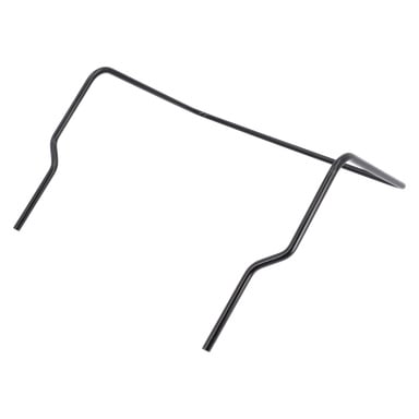En svart metallstang med flere skarpe bøyninger, merket som en "Bracket for grass catcher".