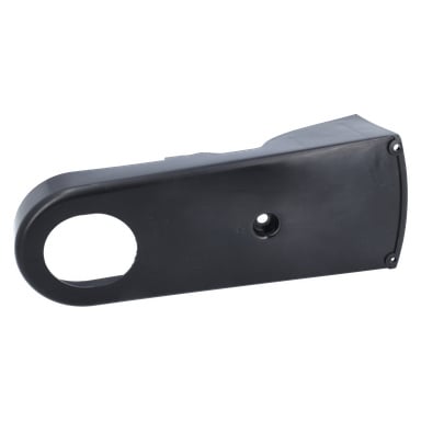 Belt Protector Lawn Mower er et svart plastdeksel med avrundet front, en stor sideåpning og et lite midthull.