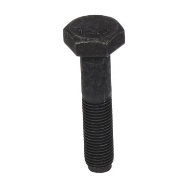 En enkelt svart Knife Bolt gressklipper med delvis gjenget aksel og sekskantet hode merket 12,9 står oppreist.