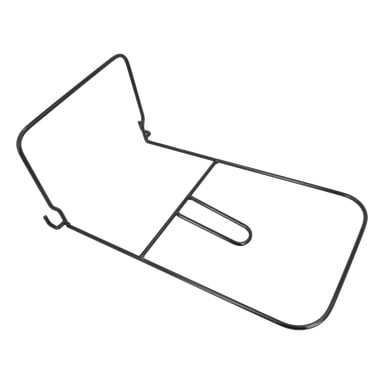Et svart metallstativ med skrå bakside, flat bunn og to kroker foran for å holde en bok eller nettbrett.