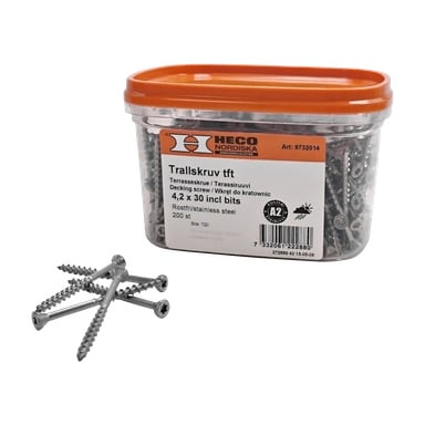 En klar plastboks med oransje lokk inneholder 200 skruer i rustfritt stål, som indikert av etiketten på Heco Decking-skruen; Flere skruer er plassert foran beholderen.